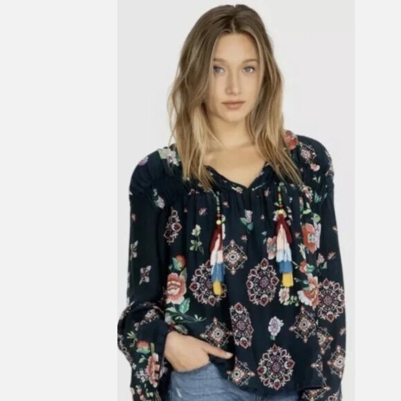 NWT Johnny Was Harley Floral Peasant Top Boho Blouse with Tassels, Navy Blue, XS - Picture 1 of 7